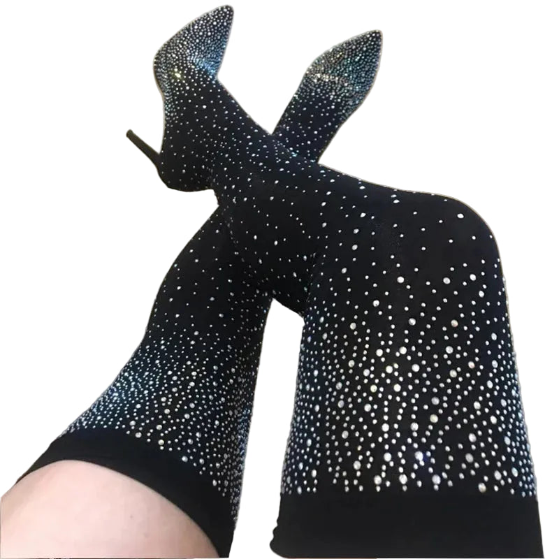 Crystal Rhinestone Stretch Sock OTK Boots | Stiletto | 7cm & 12cm