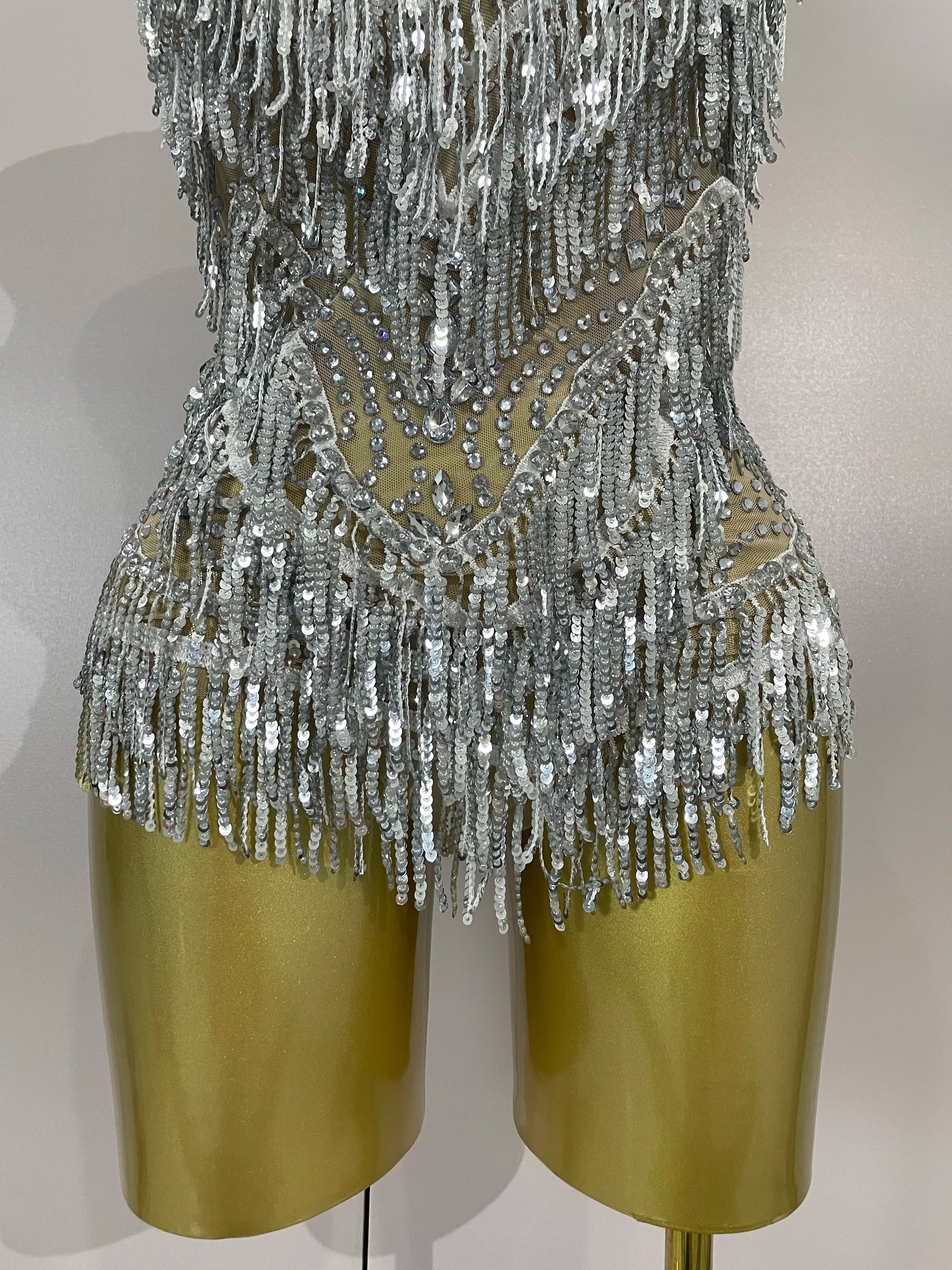 Luxury Rhinestone Sequin Tassel Bodysuit | Silver & Red | S–XL