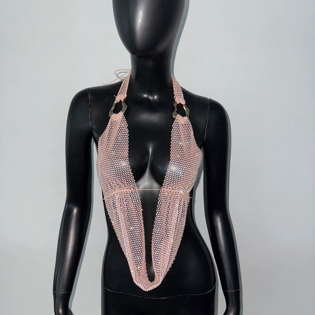 Rhinestone Mesh Halter Crop Top - Sheer Backless