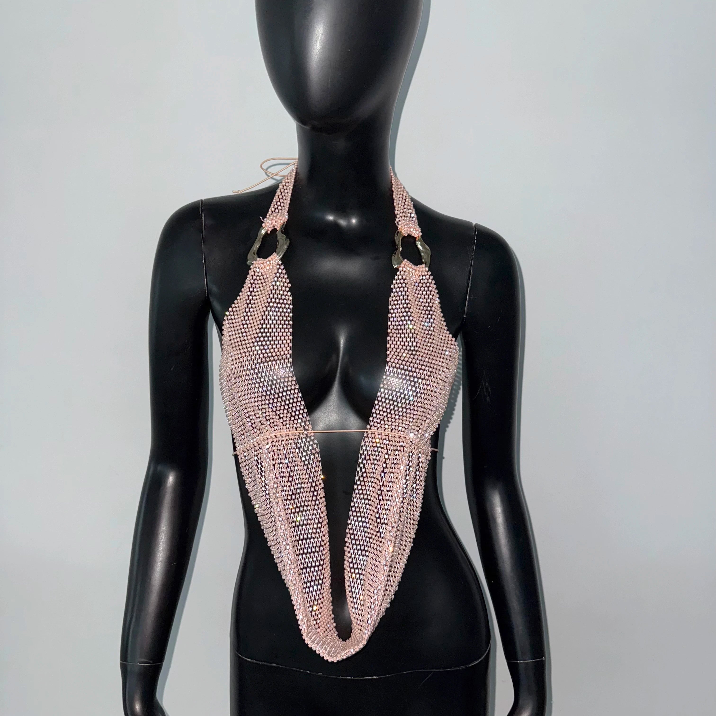 Rhinestone Mesh Halter Crop Top - Sheer Backless