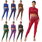 Dance Set | Rhinestone Crop Top & Leggings | Long Sleeve