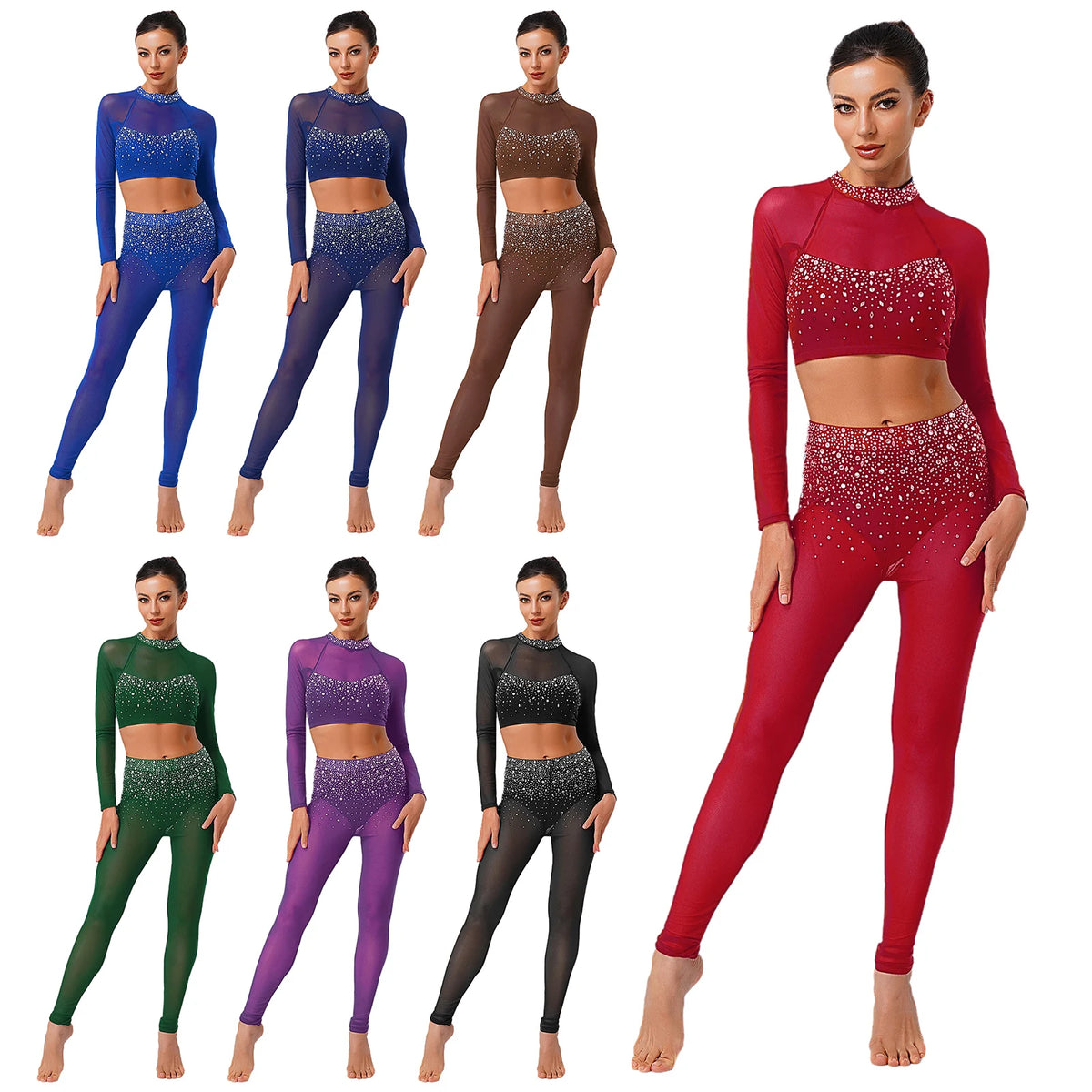 Dance Set | Rhinestone Crop Top & Leggings | Long Sleeve