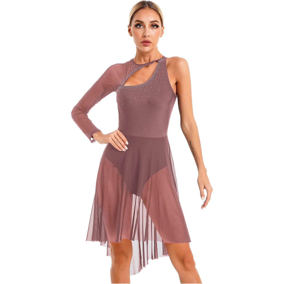 Women's Color-Block Flare Sleeve Dance Dress | Asymmetric Mesh Hem & Built-In Briefs