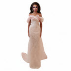 Sequined Off-Shoulder Gown | Cape | Sweep Train