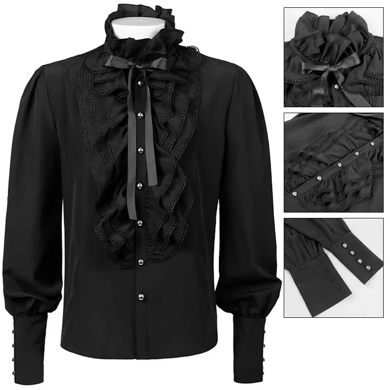 Gothic Stand Collar Pleated Shirt | Rhinestone | Black & White | S-2XL