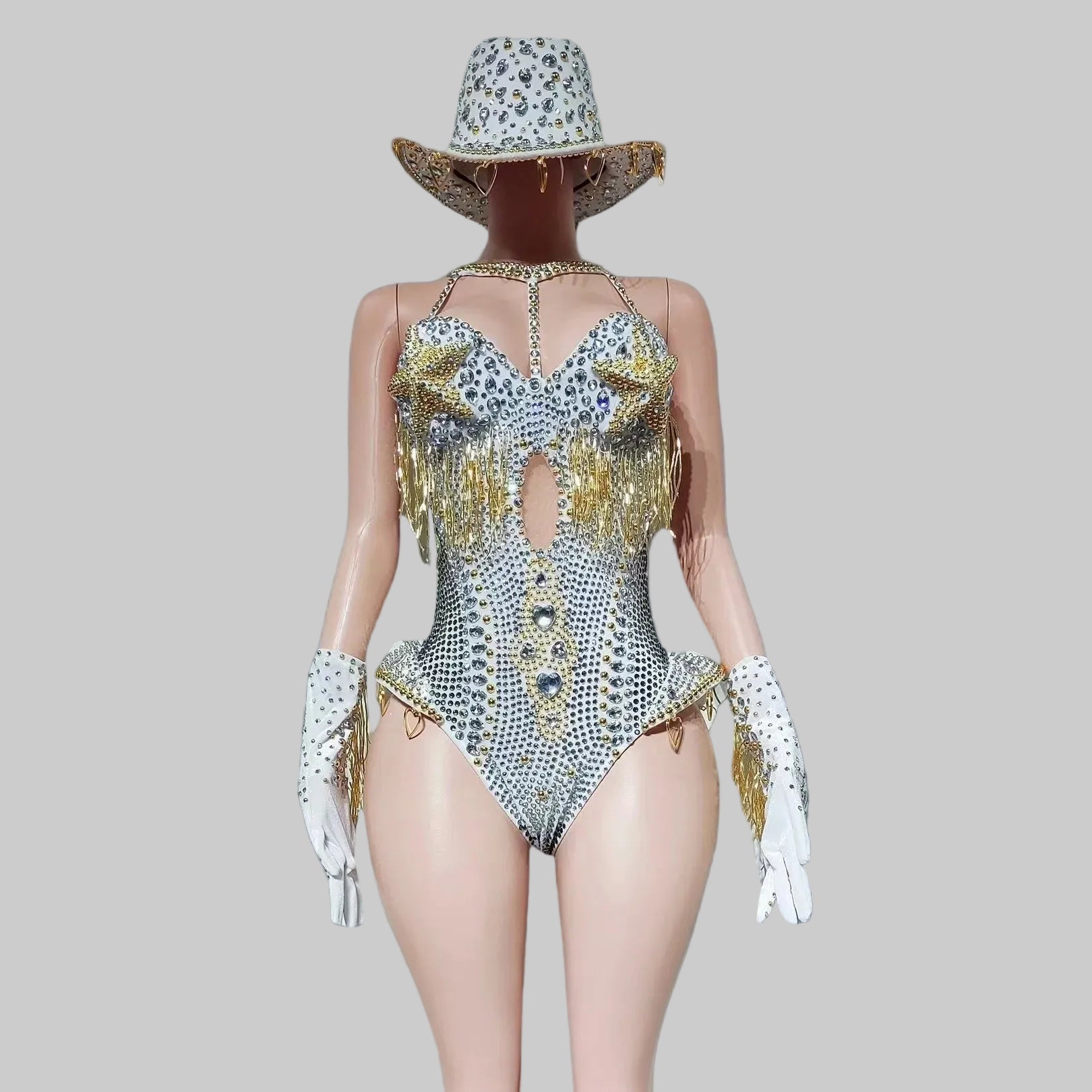Rhinestone Bodysuit 4-Piece Set - Sparkly Showgirl Outfit with Flare Pants & Crystals