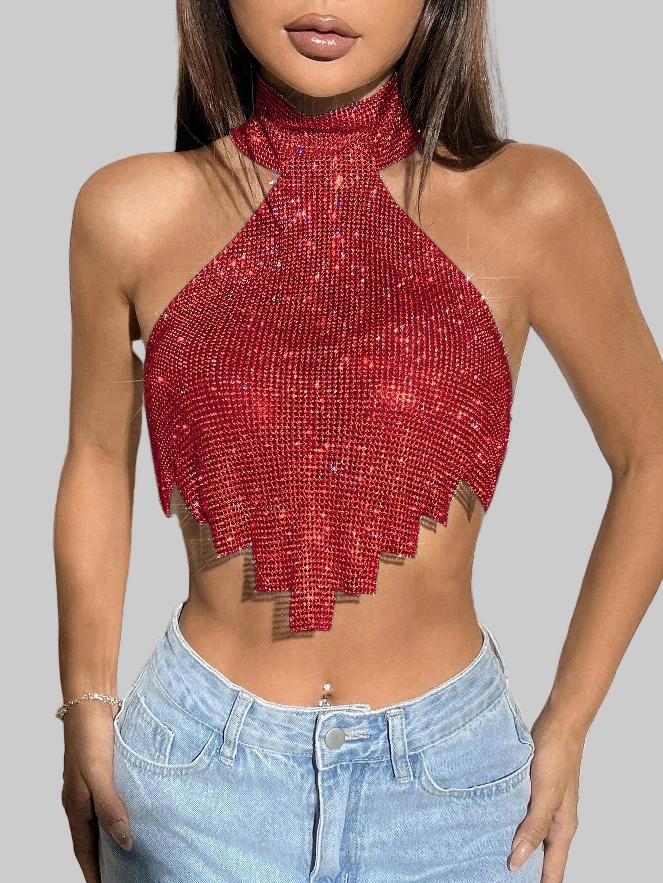 Rhinestone Off-Shoulder Halter Camisole - Backless Crop Top