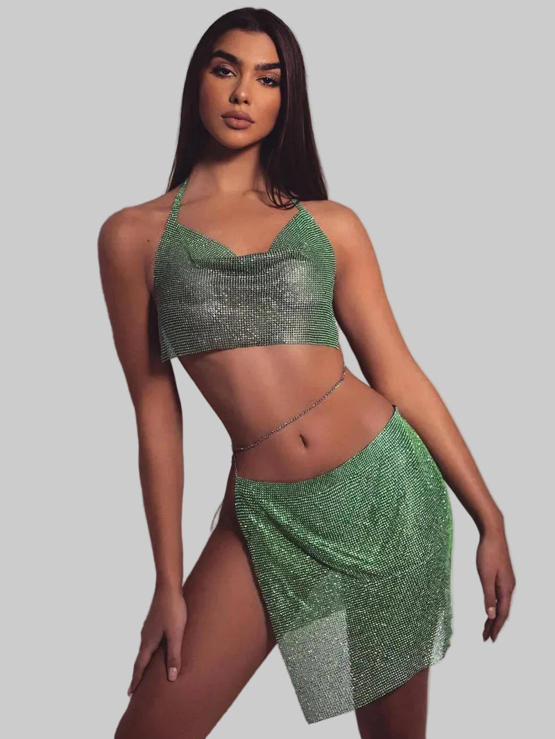 Rhinestone 2-Piece Set - Backless Crop Top & Split Mini Skirt