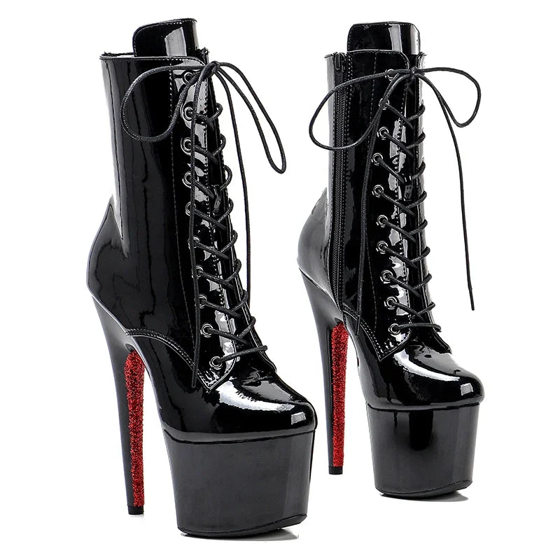 Patent Lace-Up Pole Dance Boots – 7-Inch High Heel Stage Shoes