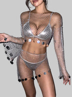 Rhinestone Mesh 2-Piece Set - Long Sleeve Top & Tassel Mini Skirt