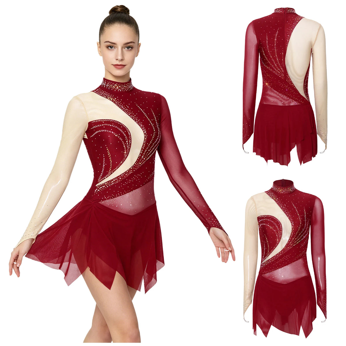 Rhinestone Sheer Mesh Long Sleeve Figure Skating Dress | Open Back | Color Block | Lyrical
