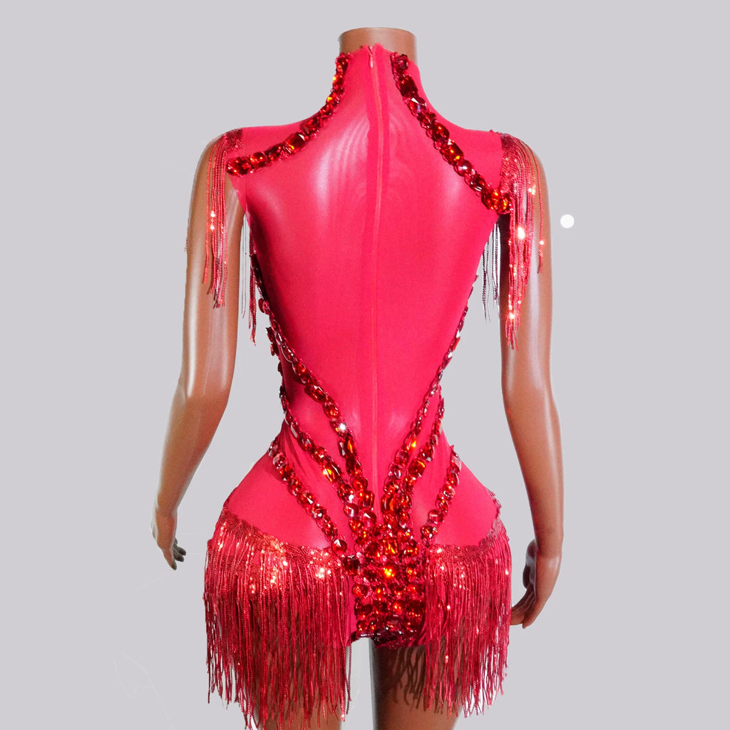 Red Crystal Fringe Bodysuit - Sheer Glitter Performance Wear for Drag Queens & Dancers