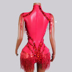 Red Crystal Fringe Bodysuit - Sheer Glitter Performance Wear for Drag Queens & Dancers