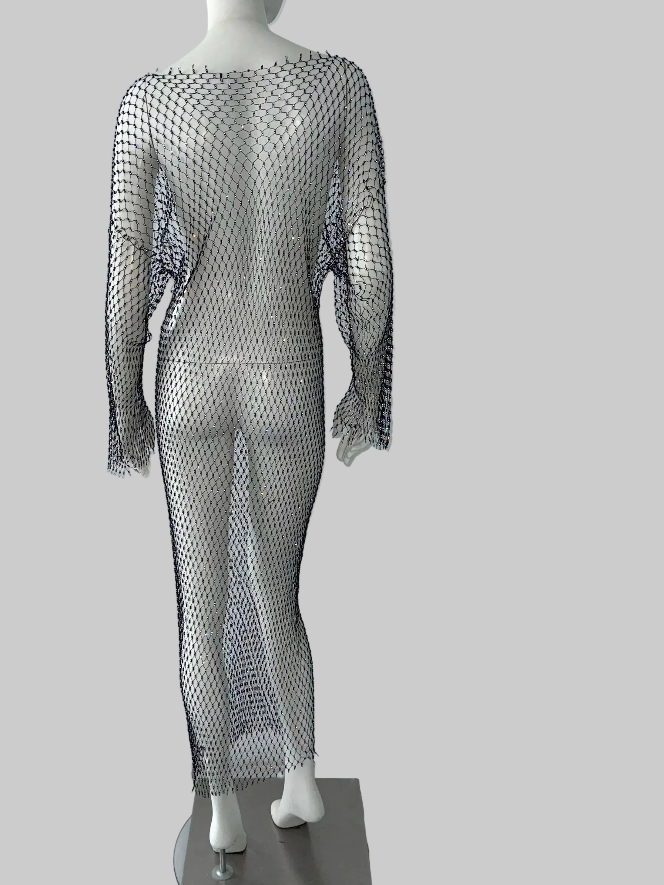 Rhinestone Fishnet Maxi Dress - See-Through Mesh Evening Dress