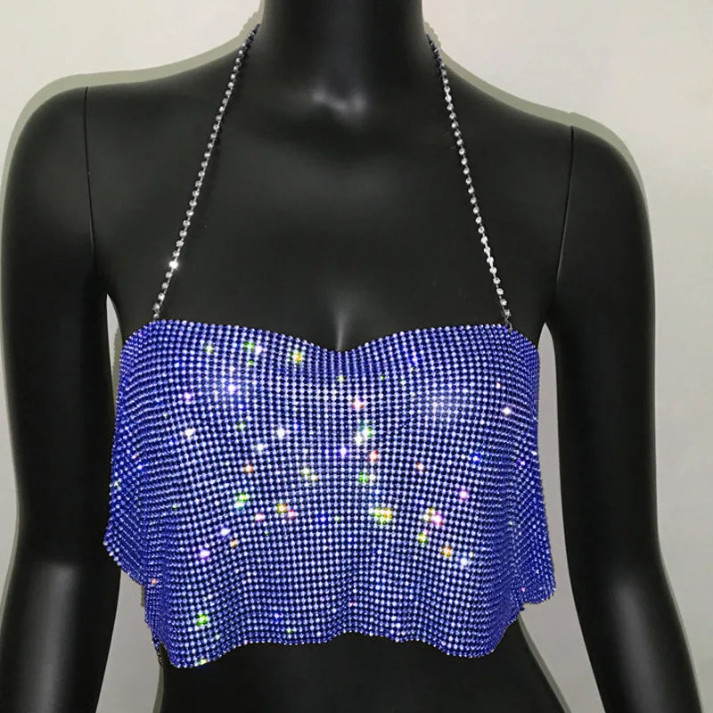 Bling Rhinestone Sequin Halter Crop Top - Backless Metal Tank