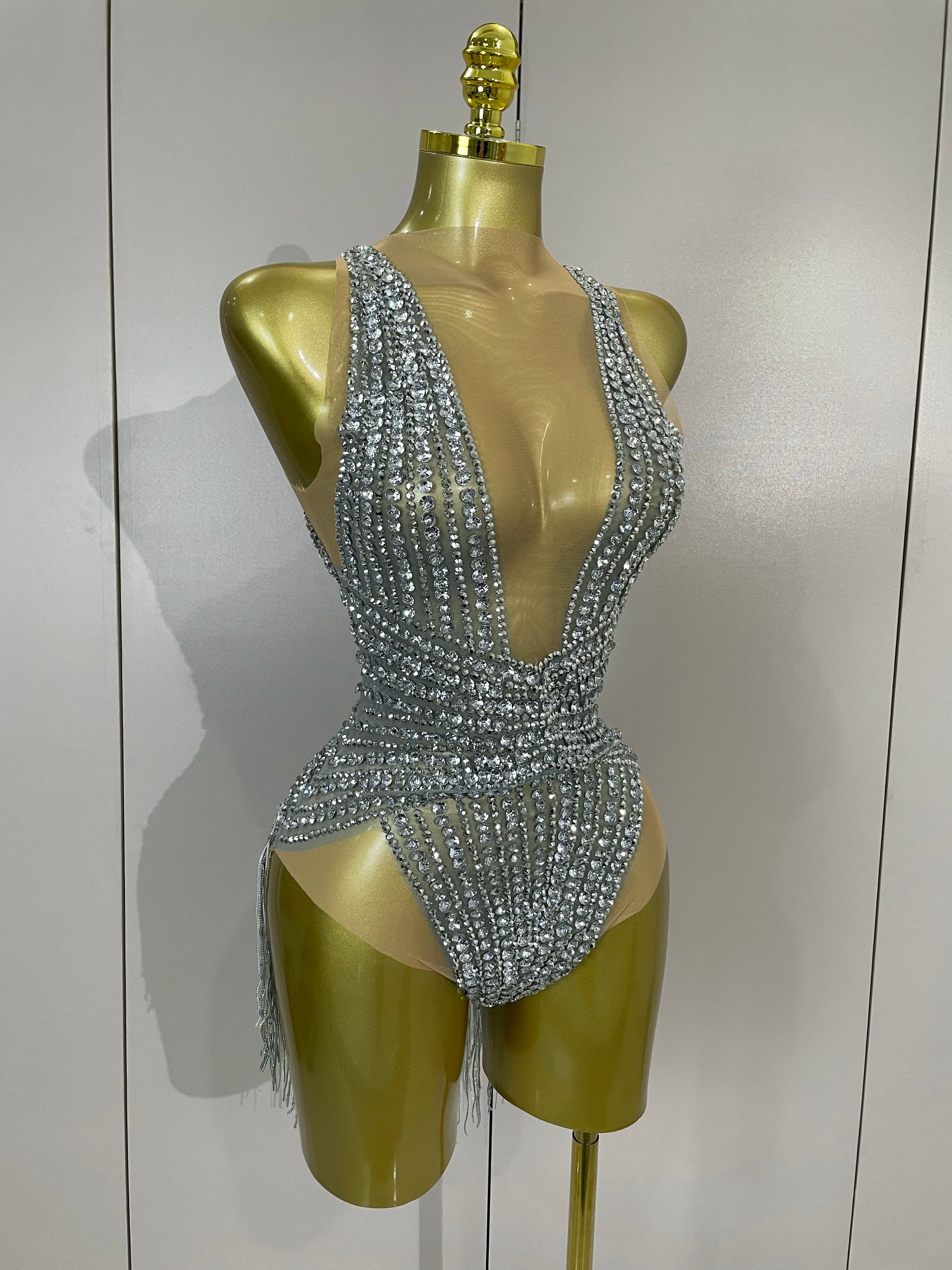 Silver Diamond Tassel Bodysuit | Stage & Club