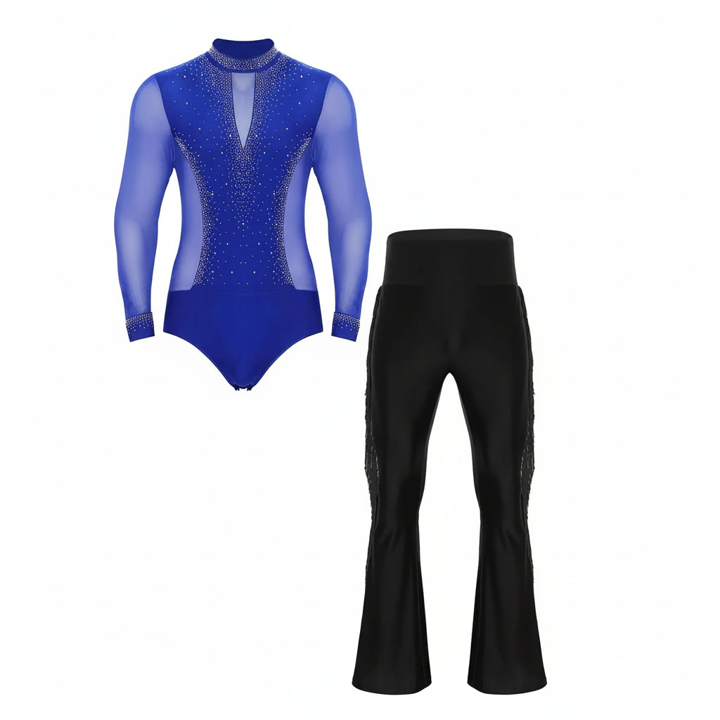 Men's Latin Dance Set | Rhinestone Bodysuit & Flared Pants