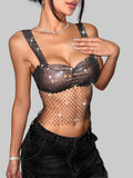 Rhinestone Fishnet Mesh Hollow-Out Crop Top