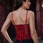 Wine Red Lace Mesh Bustier | Front Hook | Waist Cincher