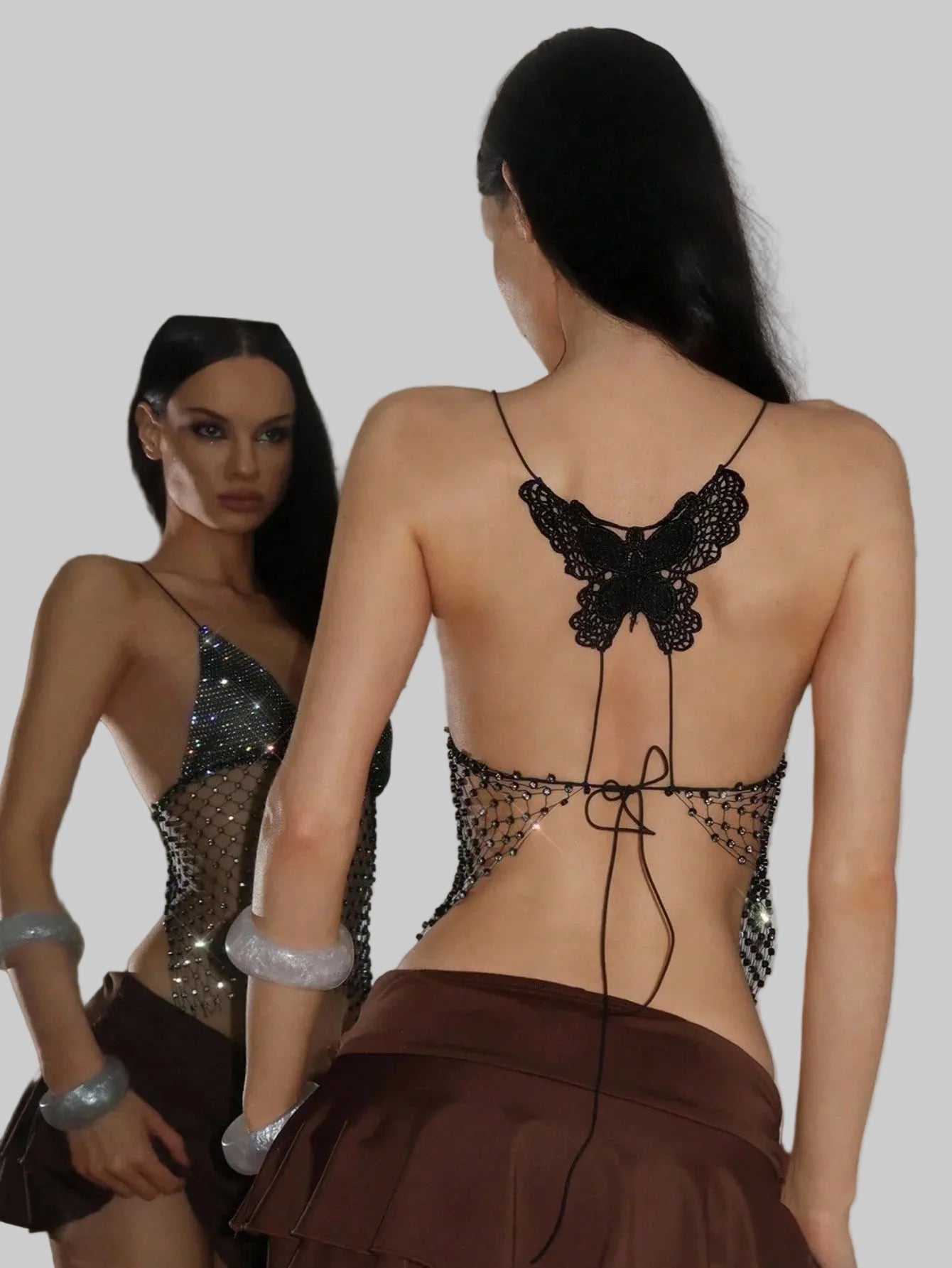 Rhinestone Butterfly Embroidered Mesh Crop Top