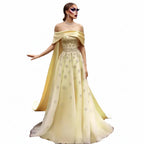 Satin Off-Shoulder A-Line Gown | Cape Train | 6 Colors