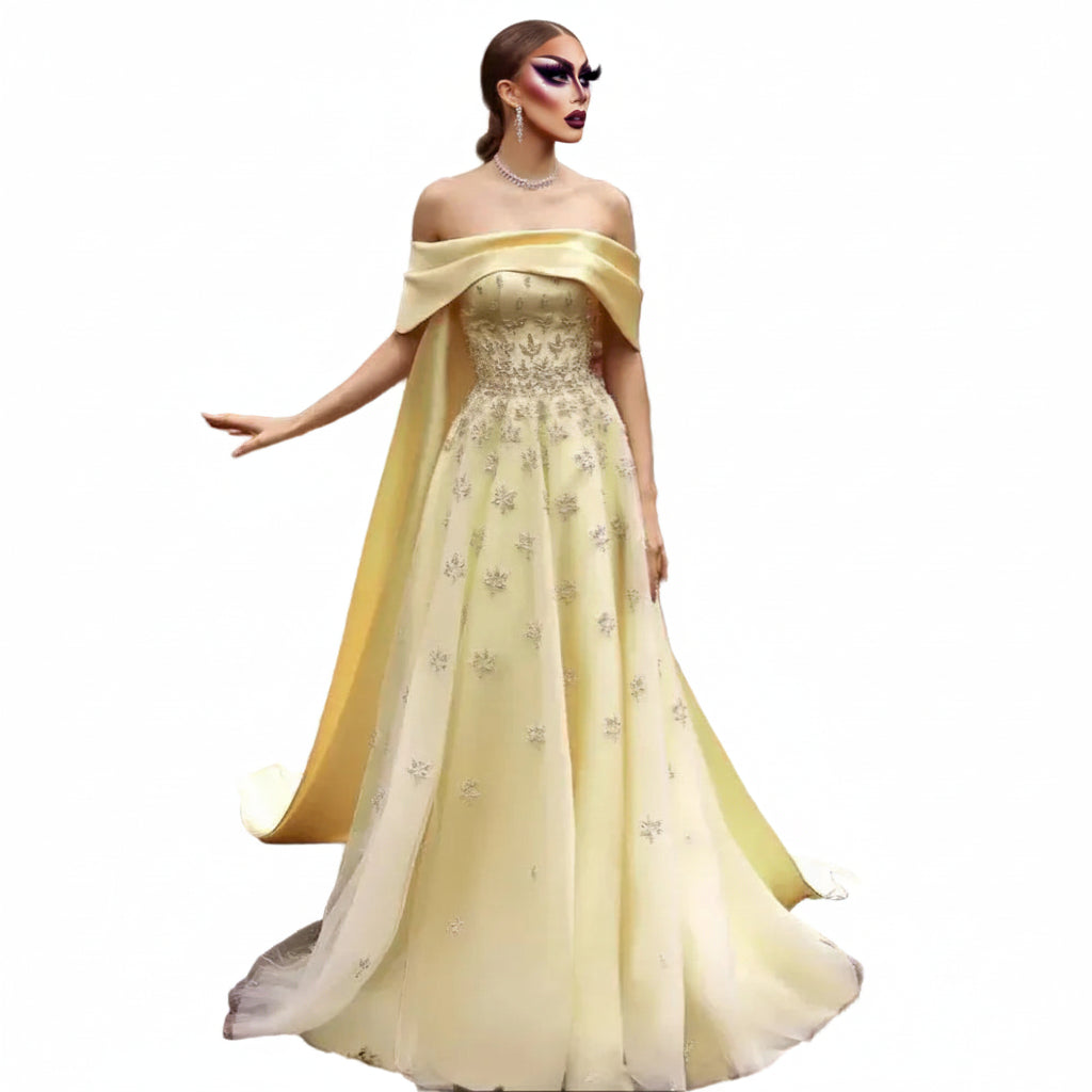 Satin Off-Shoulder A-Line Gown | Cape Train | 6 Colors