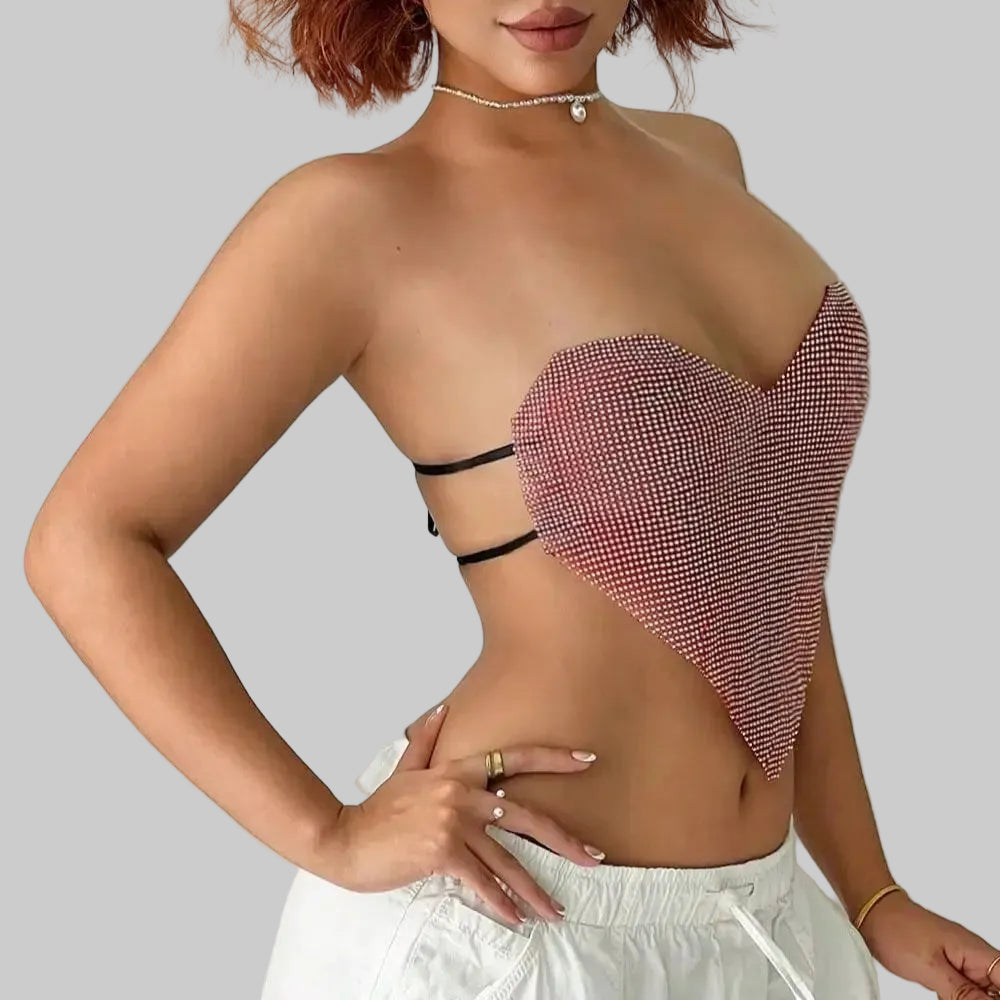 Heart Rhinestone Bandage Crop Top - Tie-Back Sequin Tank