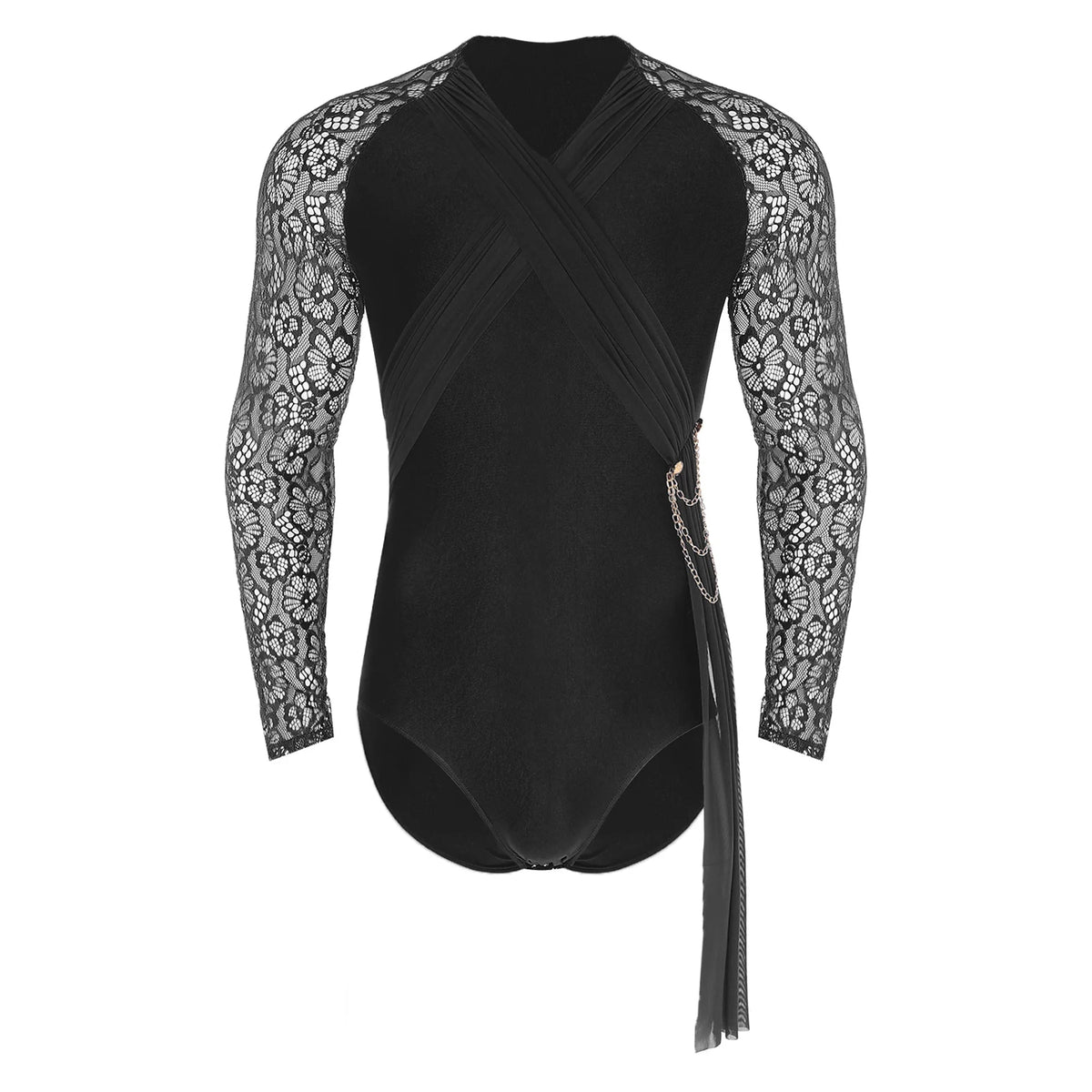 Men's Rhinestone Dance Leotard | V-Neck Lapel & Long Sleeve | Snap Crotch