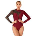 Metallic Rhinestone Leotard | Mesh Panel | Long Sleeve