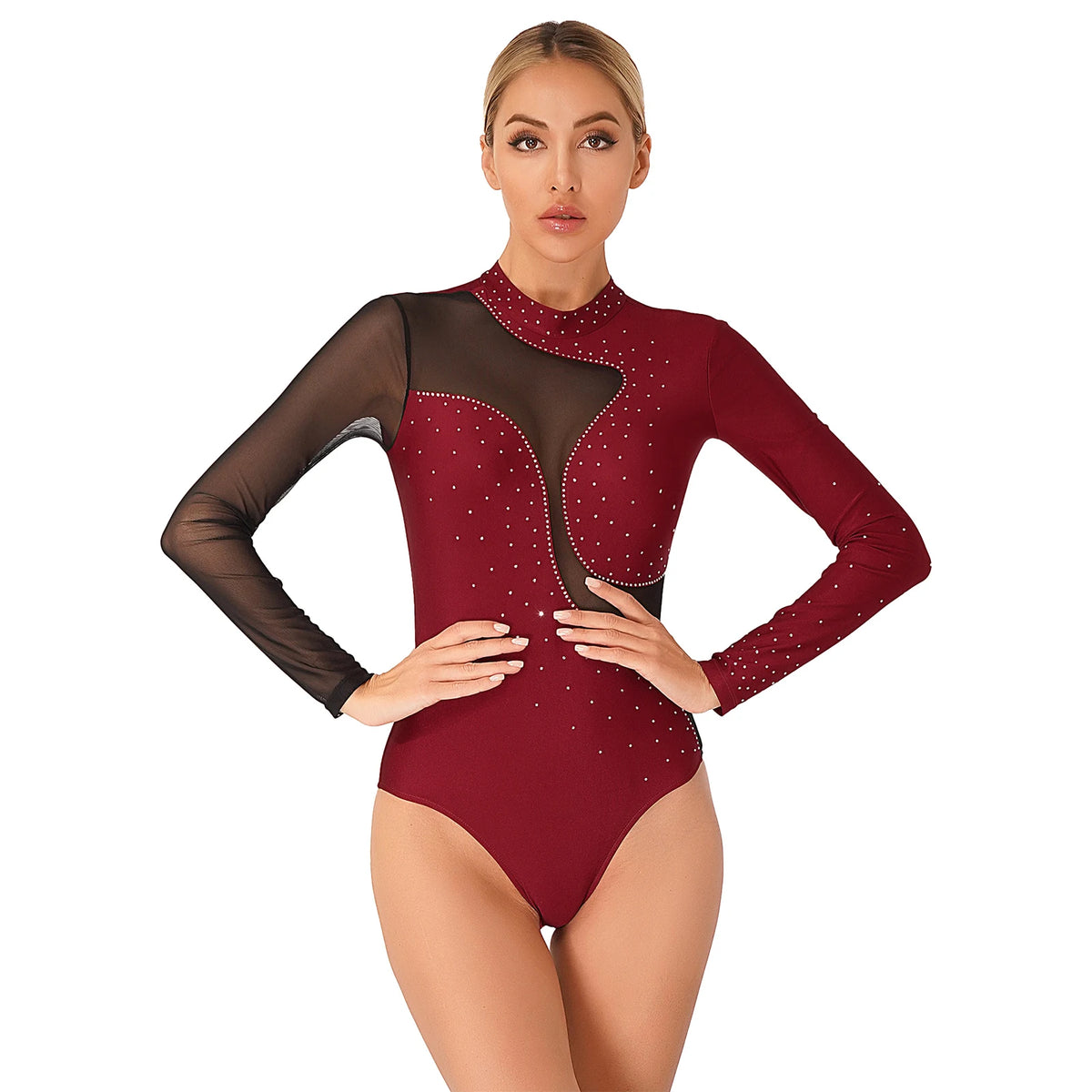 Metallic Color Block Leotard | Rhinestone | Long Sleeve