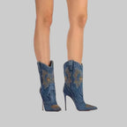 Denim Western Cowboy Boots - Embroidered Stiletto Heel Ankle Boots
