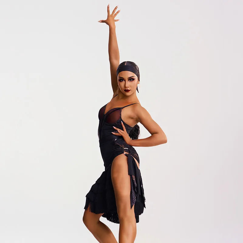 Latin Dance Costume | Mesh Bodysuit Top & Skirt Set