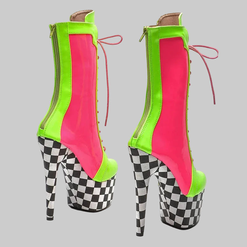 7-Inch Color Block Ankle Boots - Patent Platform Pole Dance Heels