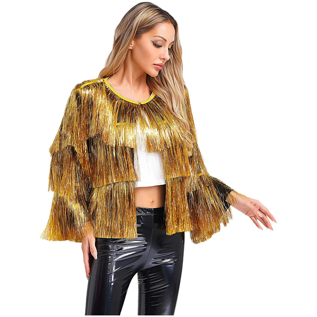 Gold Tiered Fringe Jacket | Sequin Tassel | Jazz Dance | Hollywood Glamour