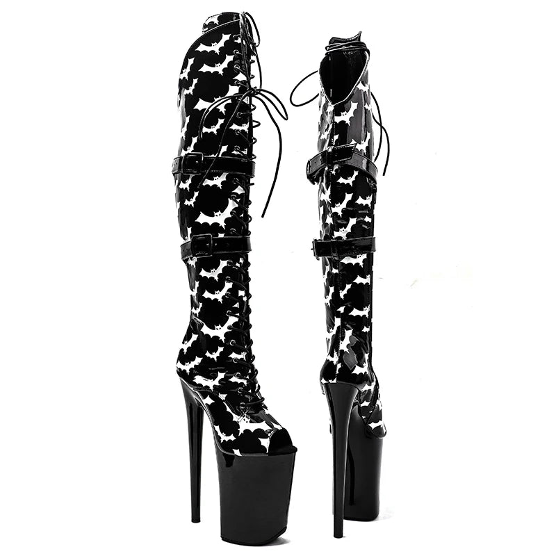 Bat Pattern Thigh-High Platform Boots - 9 Inch Gothic Pole Dance Boots