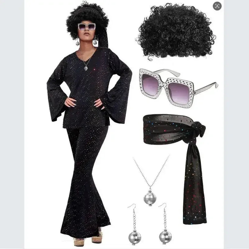 70s Disco Costume | Bell-Bottom Set & Afro Wig