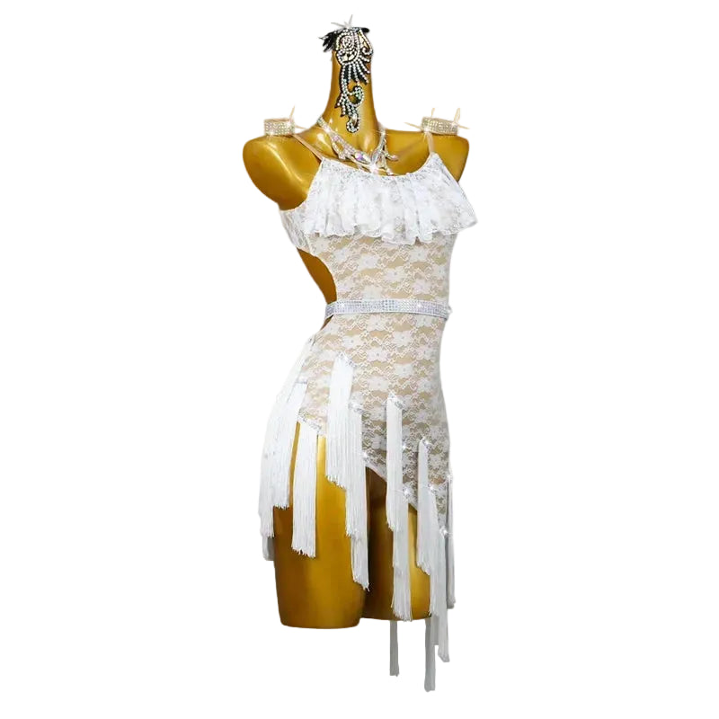 Rhinestone Lace Latin Dance Dress – Tassel & Sash Performance Gown