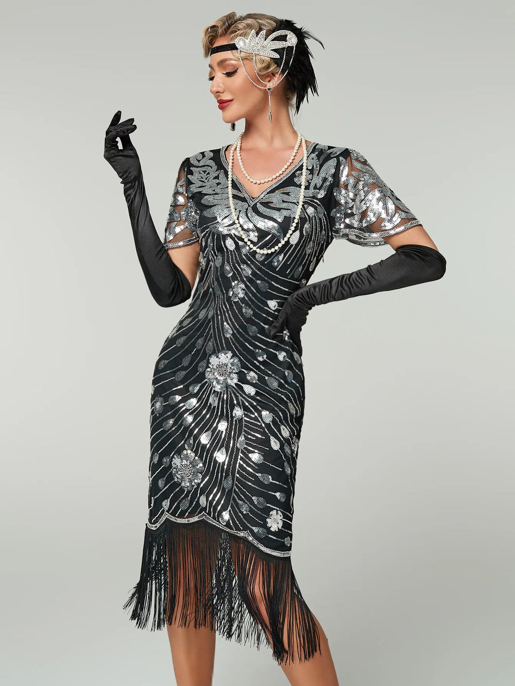 1920s Beaded Sequin Fringe Flapper Dress | Short Sleeve | A-Line