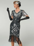 1920s Beaded Sequin Fringe Flapper Dress | Short Sleeve | A-Line