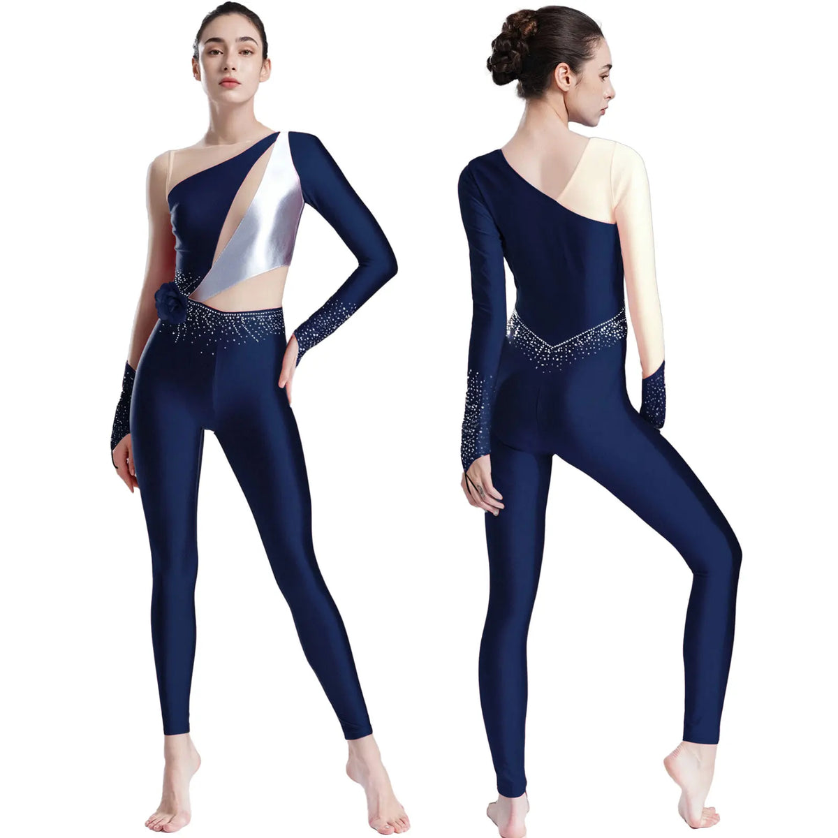 Rhinestone Dance Jumpsuit | Asymmetric Metallic Detail