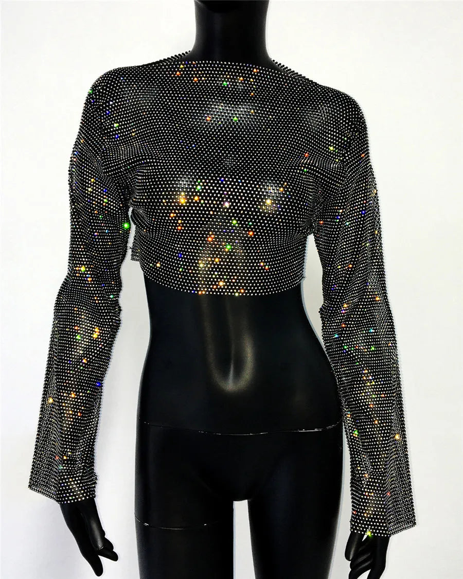 Rhinestone Fishnet Long Sleeve Crop Top - Sheer Mesh Party Top