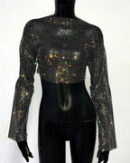 Rhinestone Fishnet Long Sleeve Crop Top - Sheer Mesh Party Top