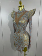 Rhinestone Mesh Mini Dress | Long Sleeve | Singer Stage