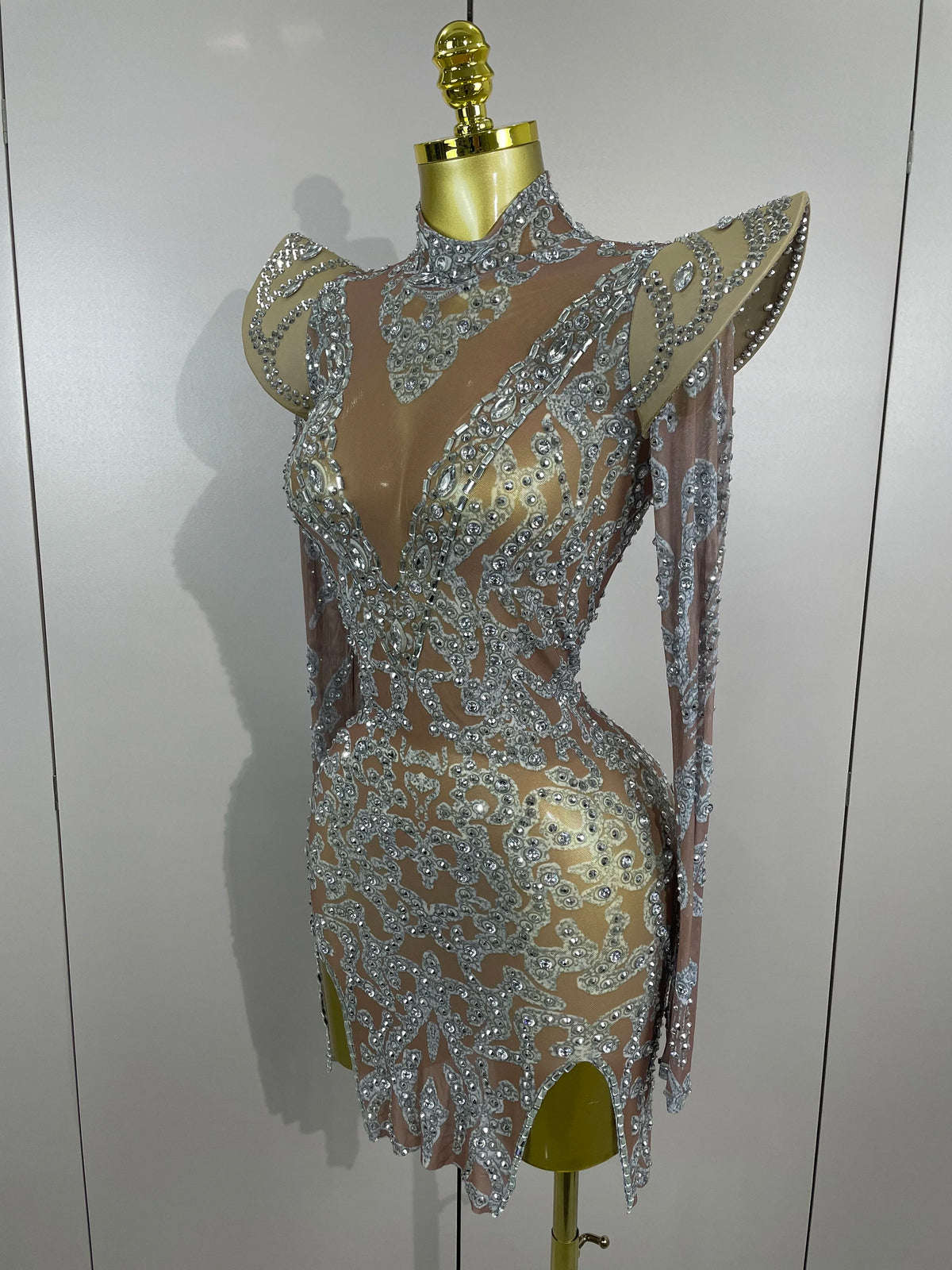 Rhinestone Mesh Mini Dress | Long Sleeve | Singer Stage