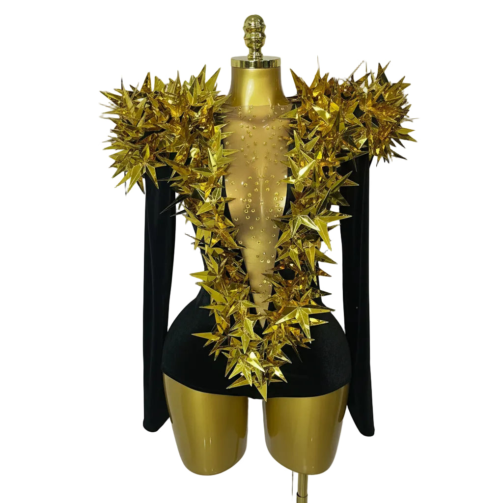 3D Gold Leaf Spike Bodysuit | Velvet Long Sleeve | Stage & Performance