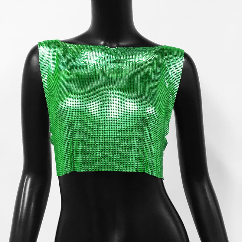 Handmade Metal Sequin Backless Crop Top