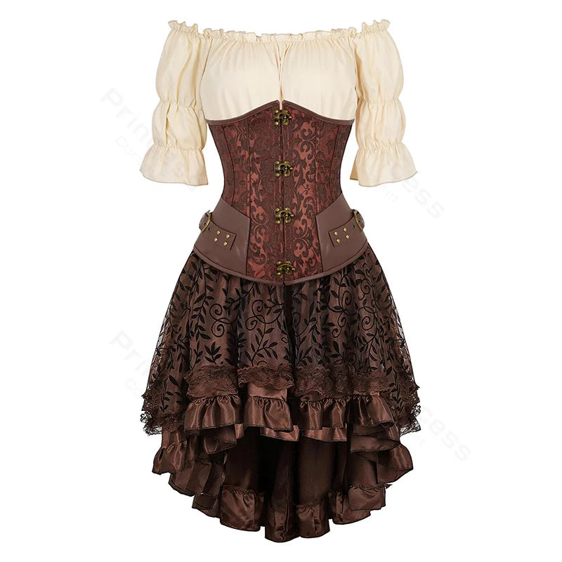 Steampunk Corset Dress Set | Off-Shoulder Blouse & Skirt | S-XXL