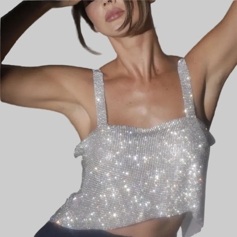 Rhinestone Backless Crop Top - Sparkly Sequin Camisole Tank
