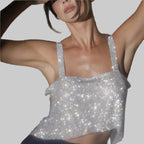 Rhinestone Backless Crop Top - Sparkly Sequin Camisole Tank