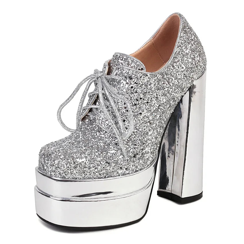 Platform Derby Heels | Sequin Sparkle | 14.5cm